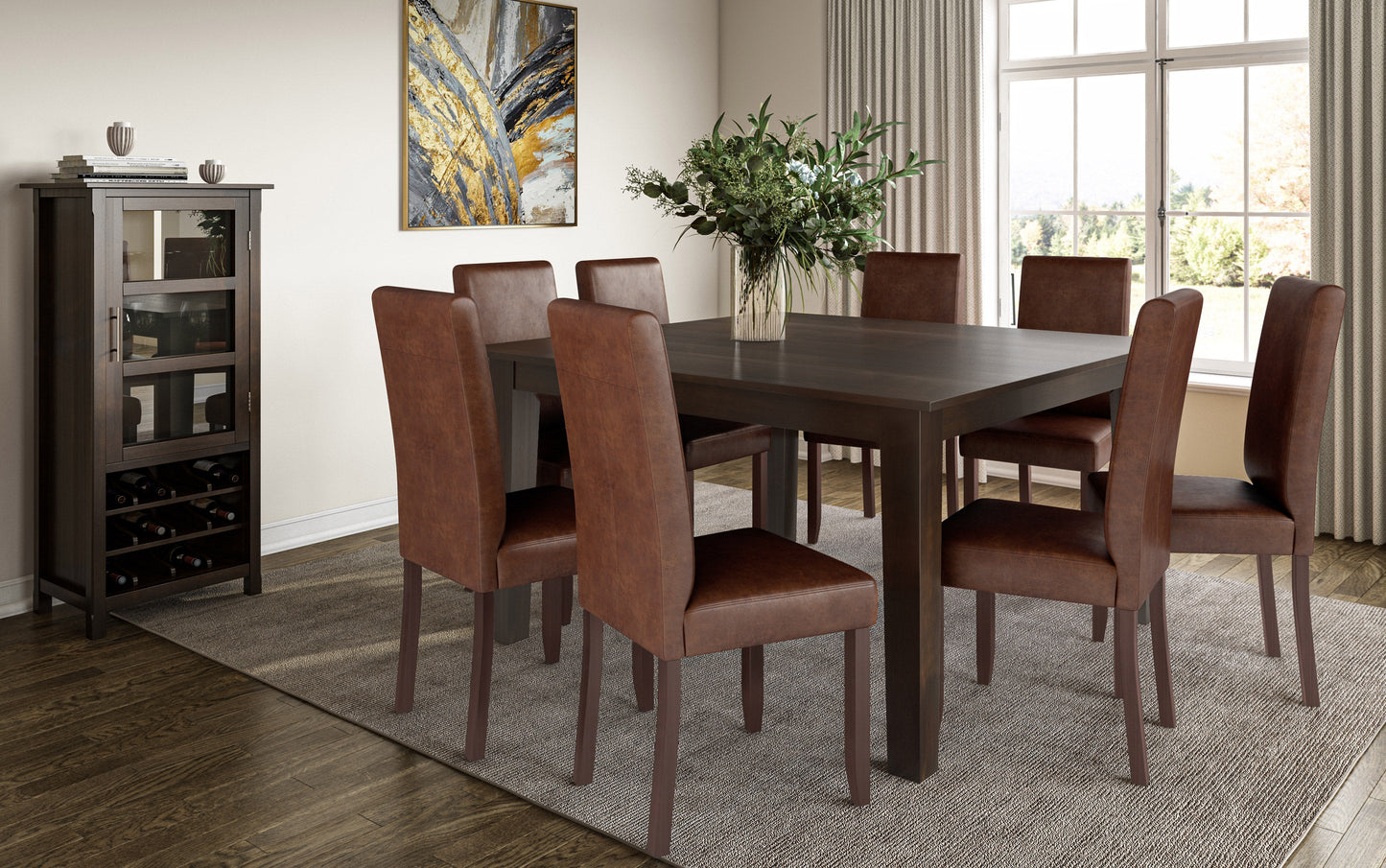 Distressed Saddle Brown Distressed Vegan Leather | Acadian 9 Piece Dining Set