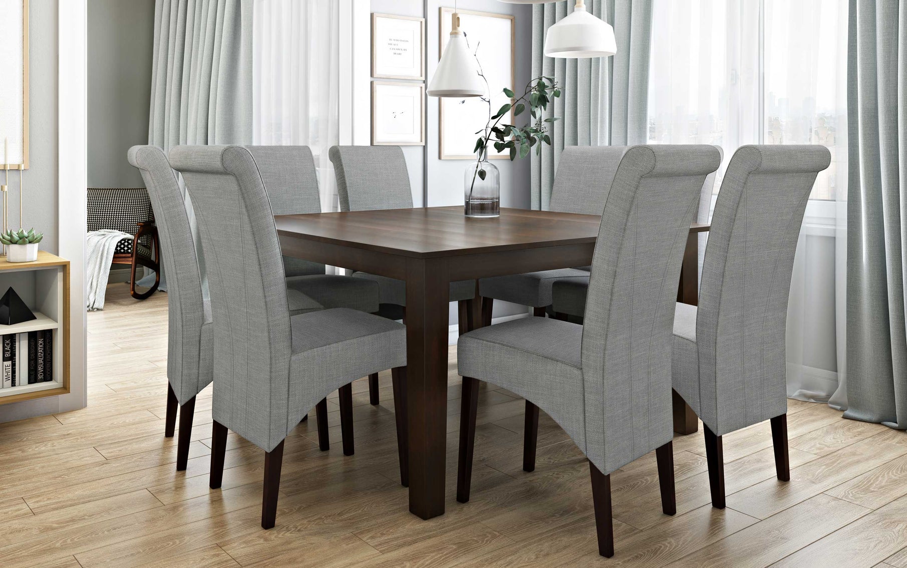 Light Beige Linen Style Fabric | Avalon Large 9 piece Dining Set