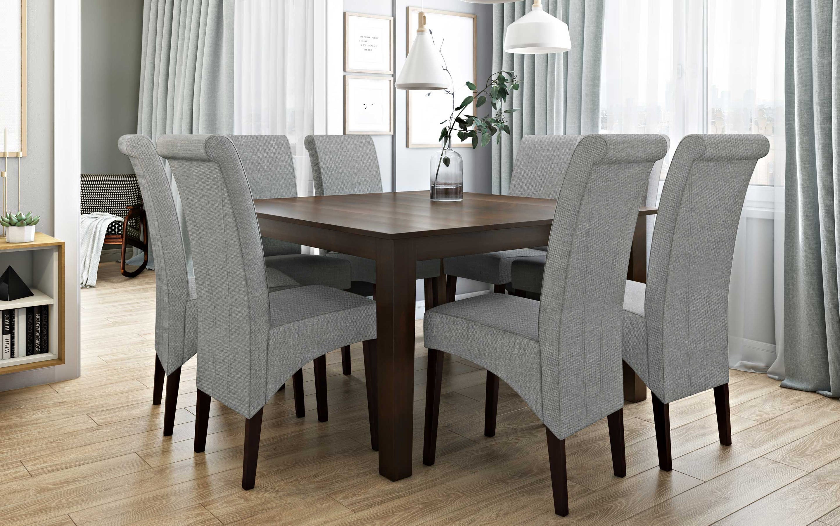 Light Beige Linen Style Fabric | Avalon Large 9 piece Dining Set