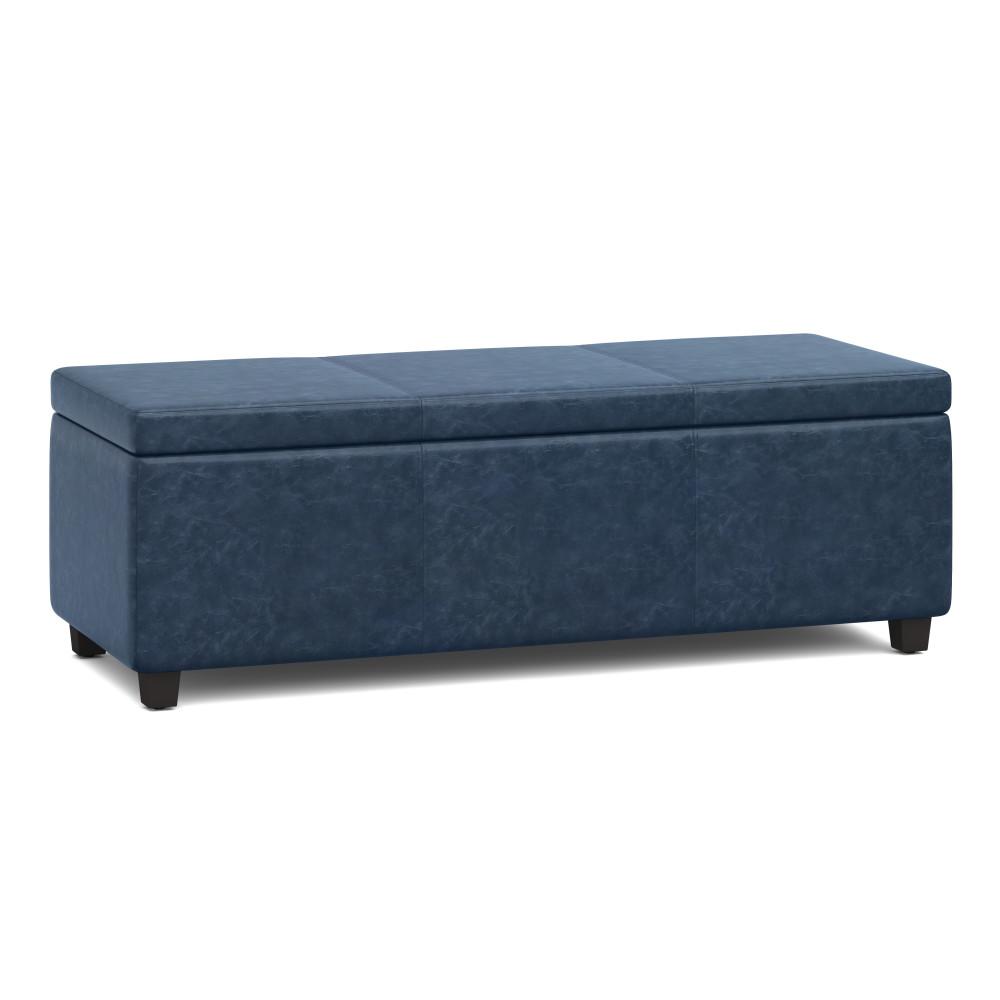 Denim Blue Distressed Vegan Leather | Avalon Large Storage Ottoman Bench