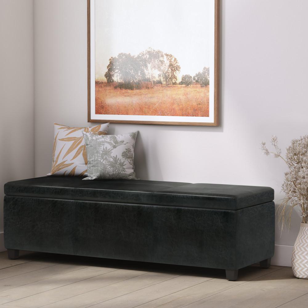 Midnight Black Vegan Leather | Avalon Extra Large Storage Ottoman Bench