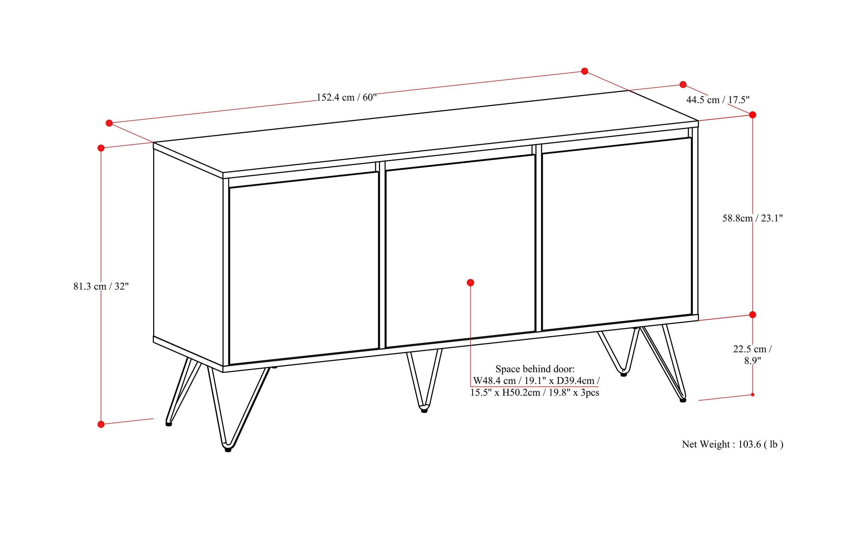 Walnut Solid Wood - Walnut | Hunter 3 Door Sideboard Buffet in Walnut