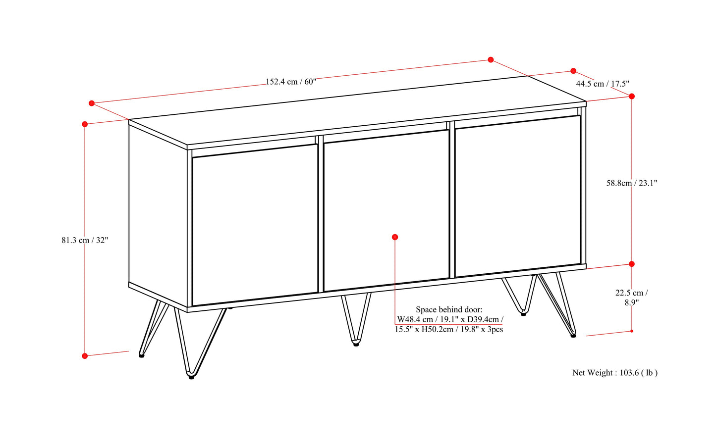 Walnut Solid Wood - Walnut | Hunter 3 Door Sideboard Buffet in Walnut