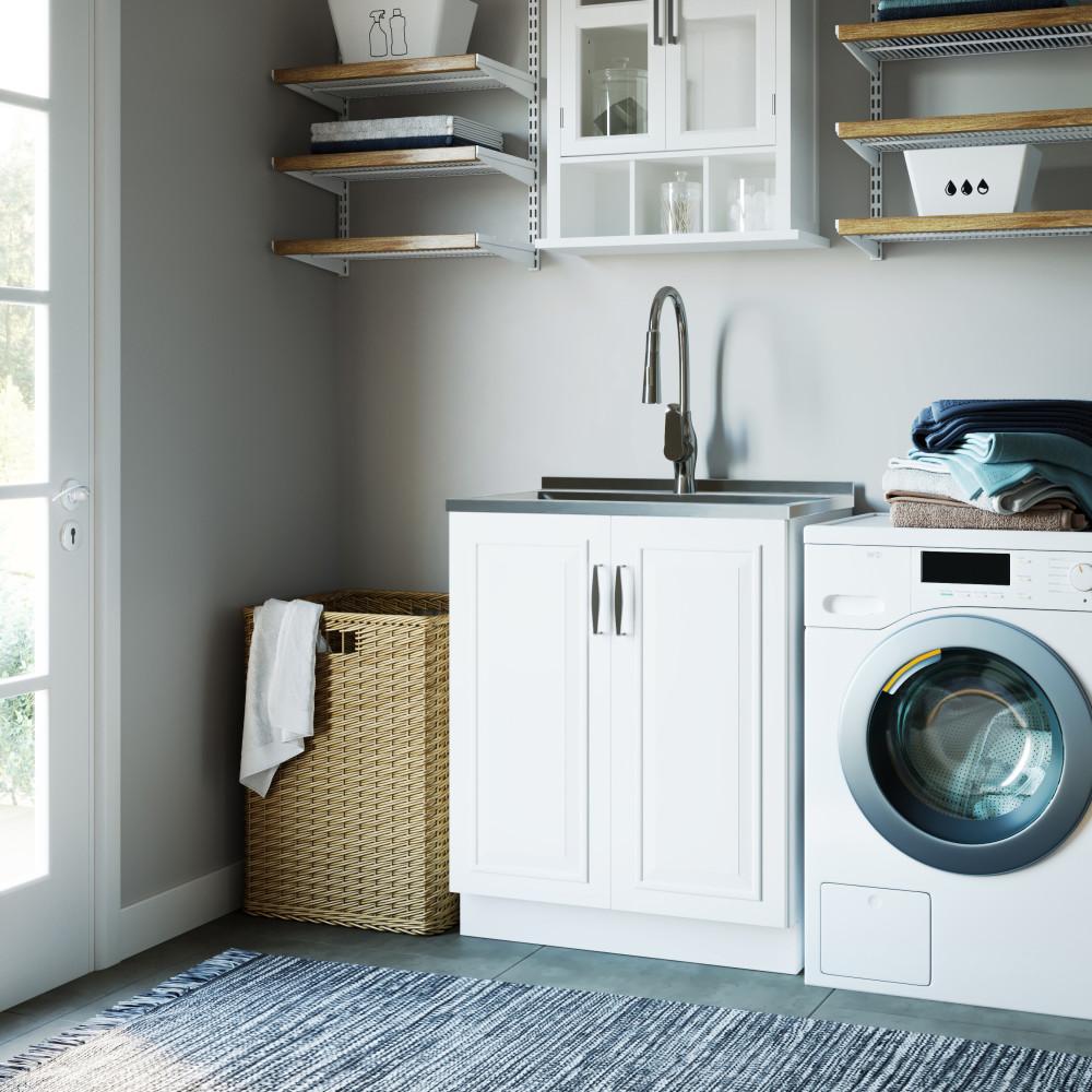 Pure White | Darwin 28 inch Laundry Cabinet with Pull-out Faucet and Stainless Steel Sink in White