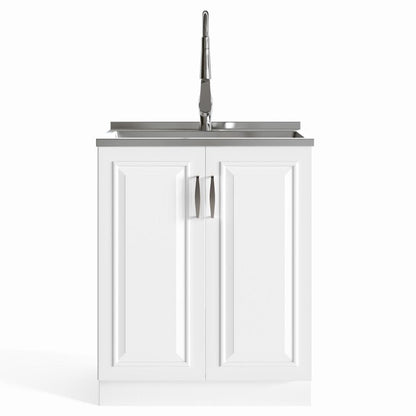 Pure White | Darwin 28 inch Laundry Cabinet with Pull-out Faucet and Stainless Steel Sink in White