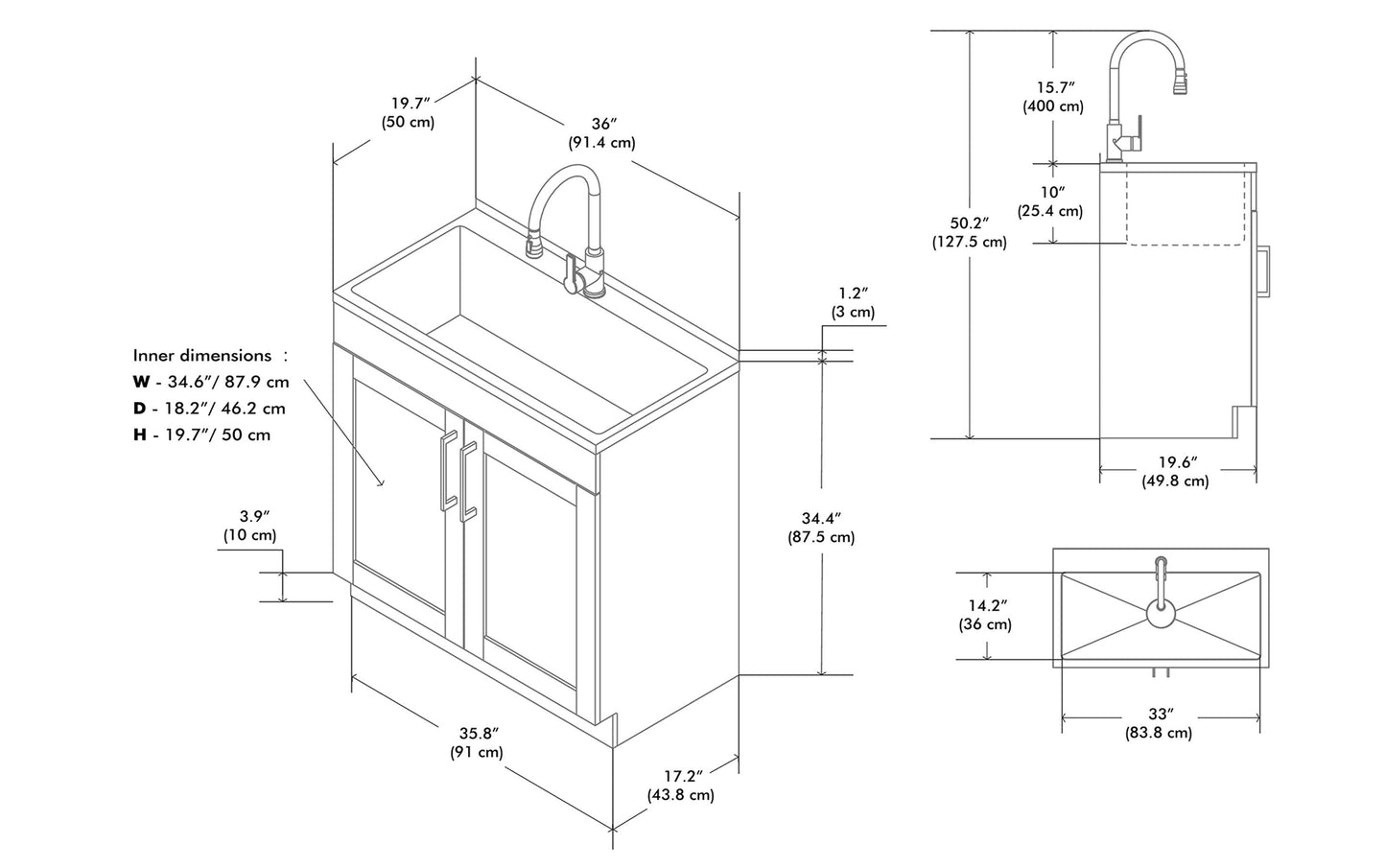 Modern Wide Shaker All-In-One 36-inch Laundry Utility Sink and Cabinet