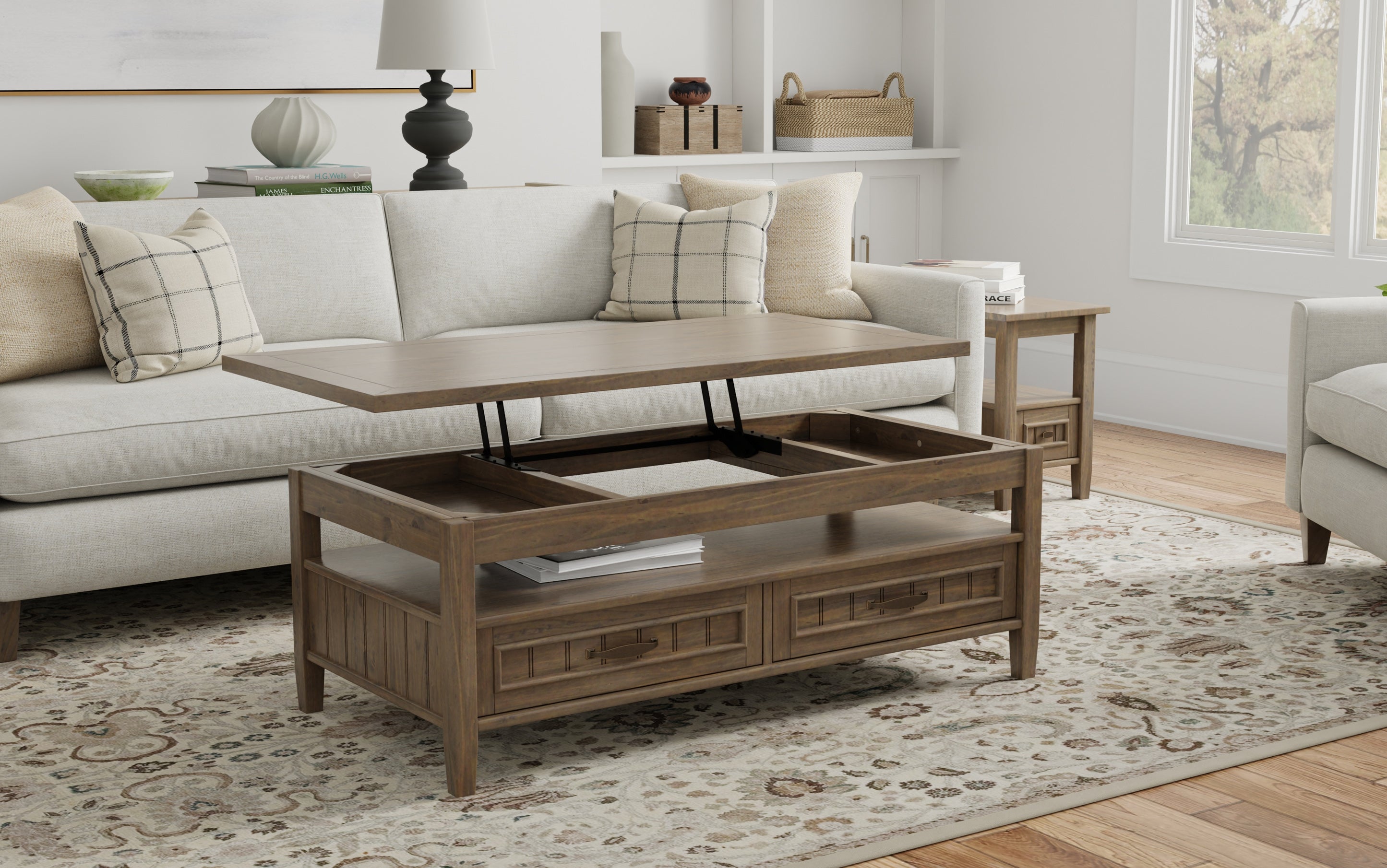 Rustic gray lift top deals coffee table