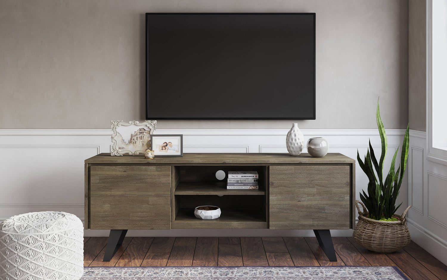 Distressed Grey Acacia | Lowry Solid Acacia Wood Wide TV Media Stand For TVs up to 70 Inches