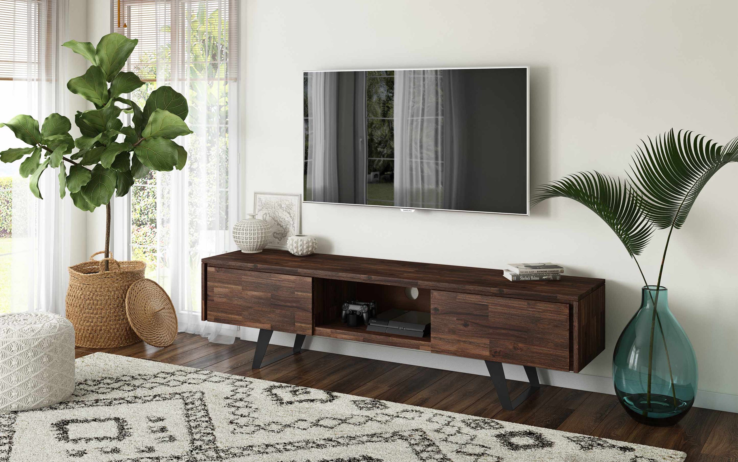 Distressed Charcoal Brown Acacia | Lowry 72 inch TV Media Stand