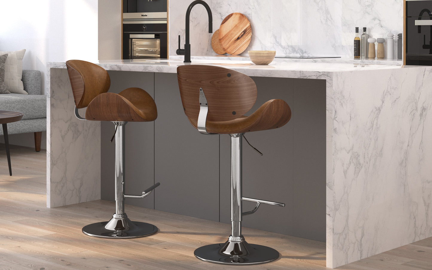 Deep Tan Vegan Leather Natural | Marana Bentwood Adjustable Swivel Bar Stool