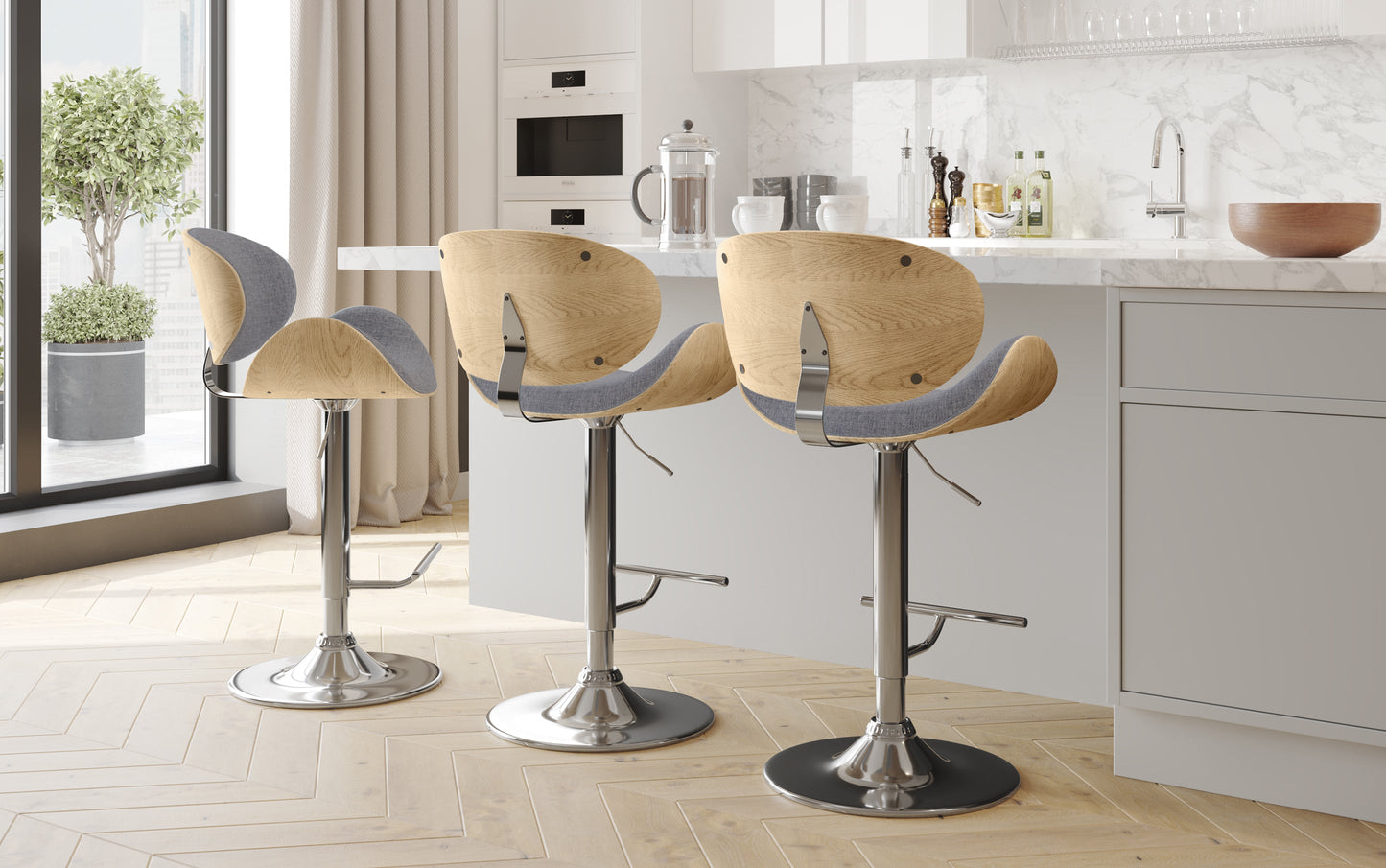 Light Grey Linen Style Fabric Natural Oak | Marana Bar Stool