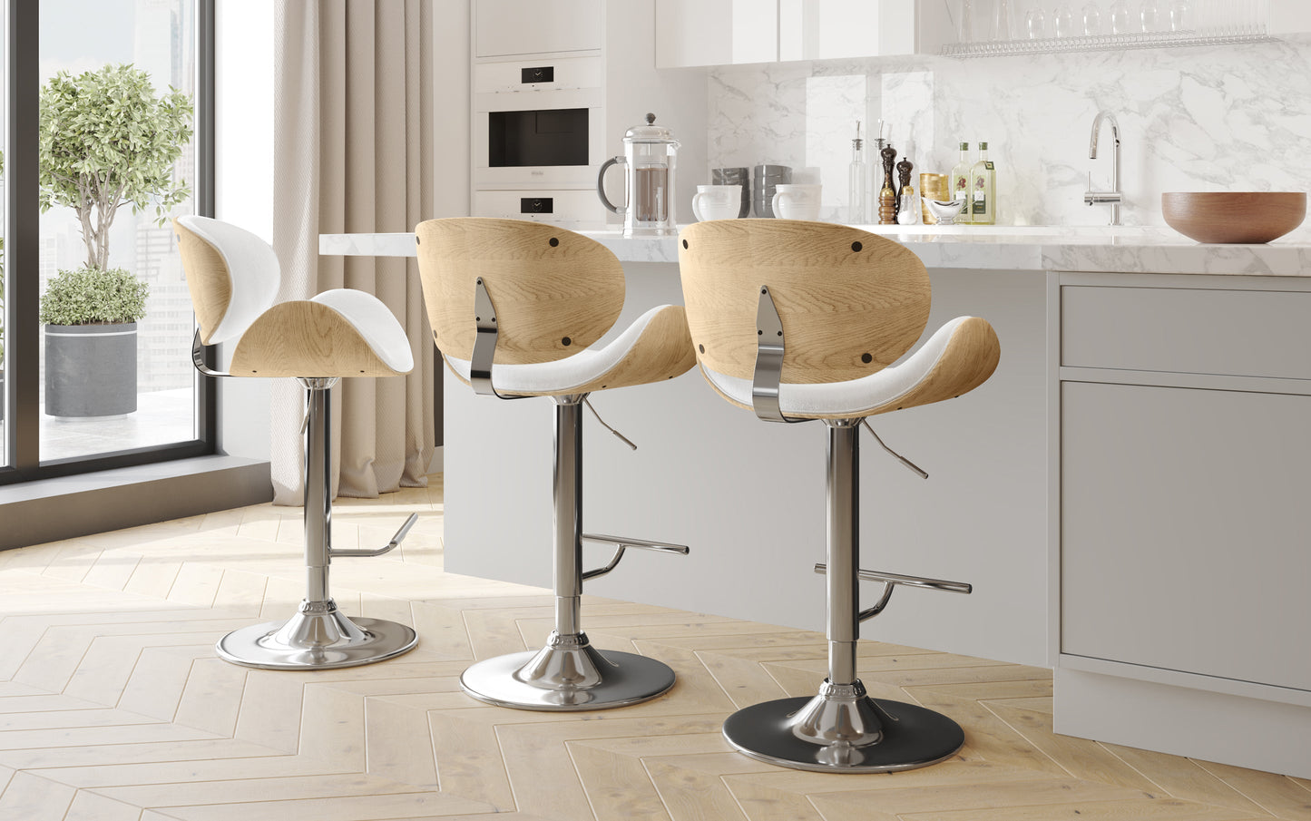 White Vegan Leather Natural Oak | Marana Bar Stool