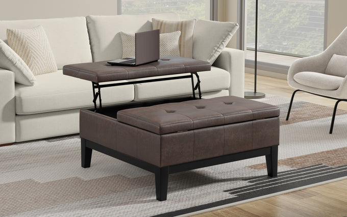 Distressed Brown Distressed Vegan Leather | Dover Lift Top Coffee Table Storage Ottoman