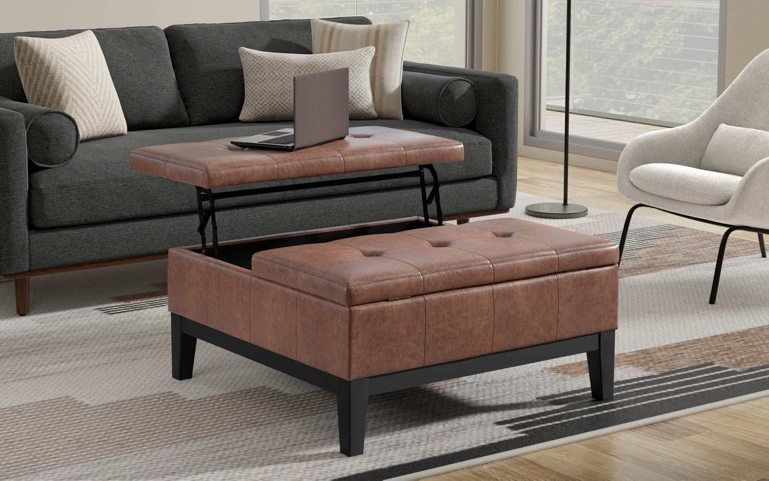 Distressed Saddle Brown Distressed Vegan Leather | Dover Lift Top Coffee Table Storage Ottoman