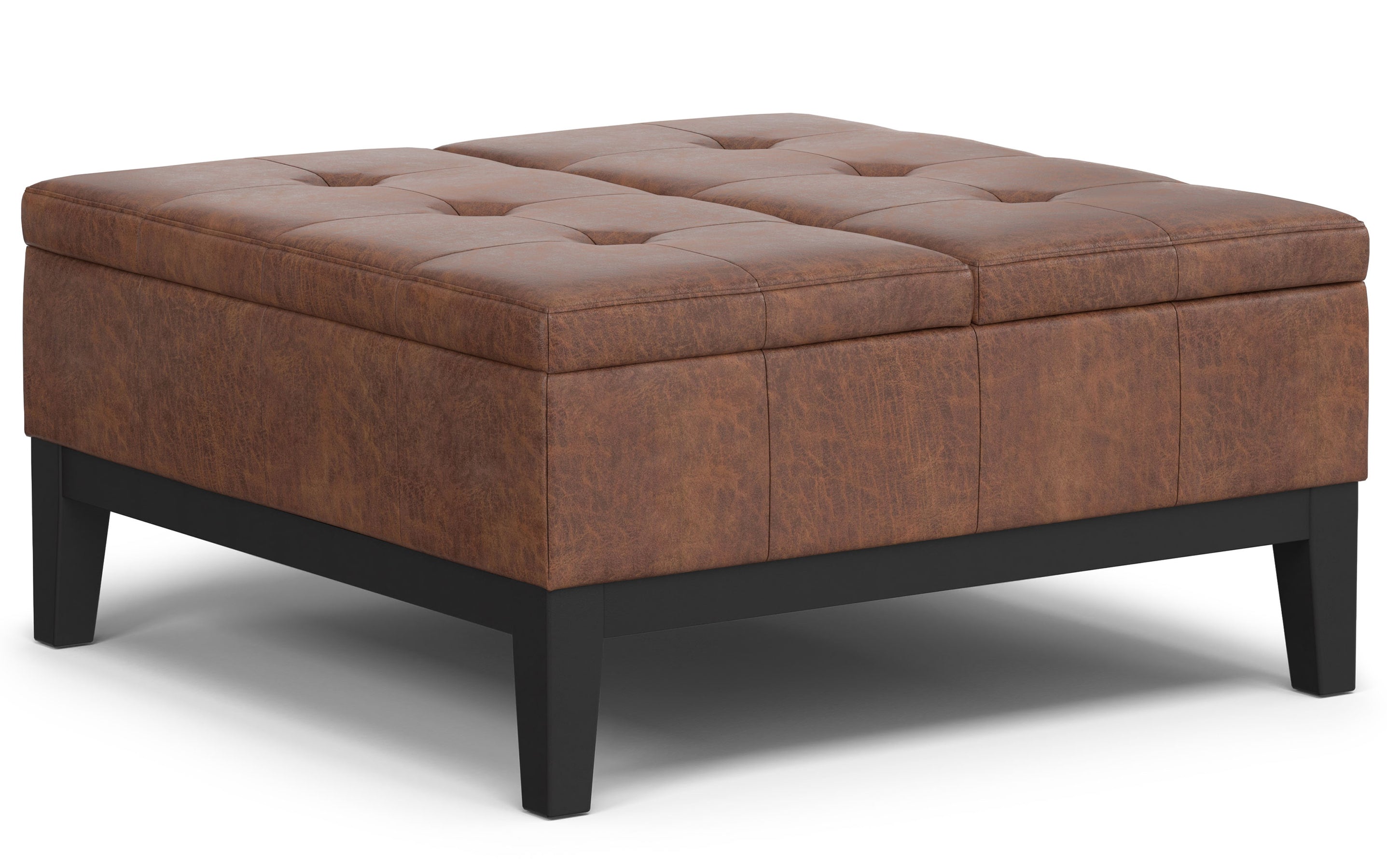 Distressed Saddle Brown Distressed Vegan Leather | Dover Lift Top Coffee Table Storage Ottoman