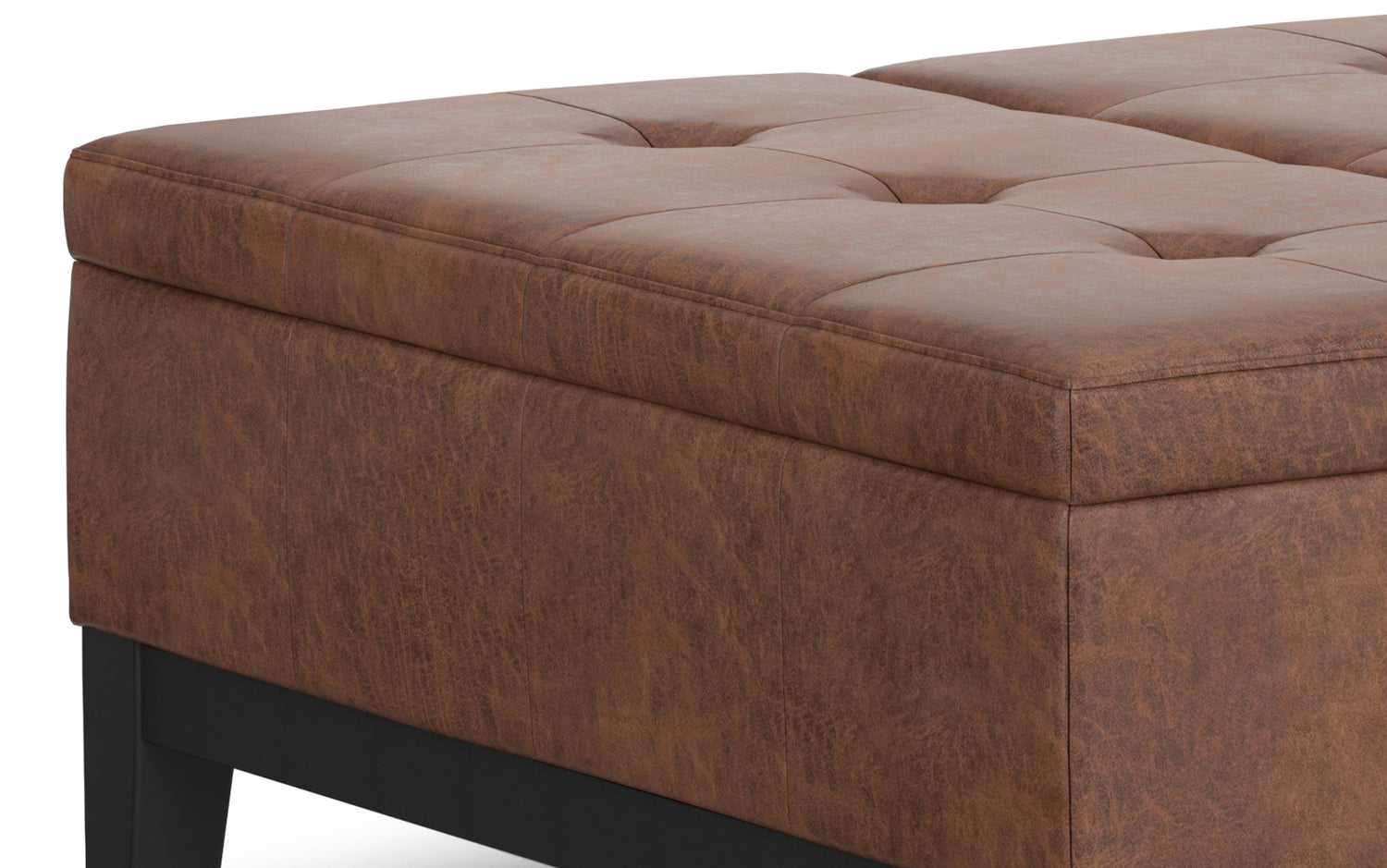 Distressed Saddle Brown Distressed Vegan Leather | Dover Lift Top Coffee Table Storage Ottoman