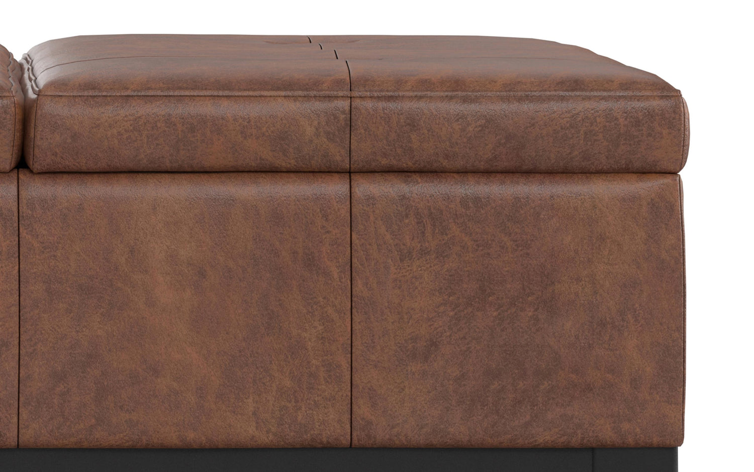 Distressed Saddle Brown Distressed Vegan Leather | Dover Lift Top Coffee Table Storage Ottoman