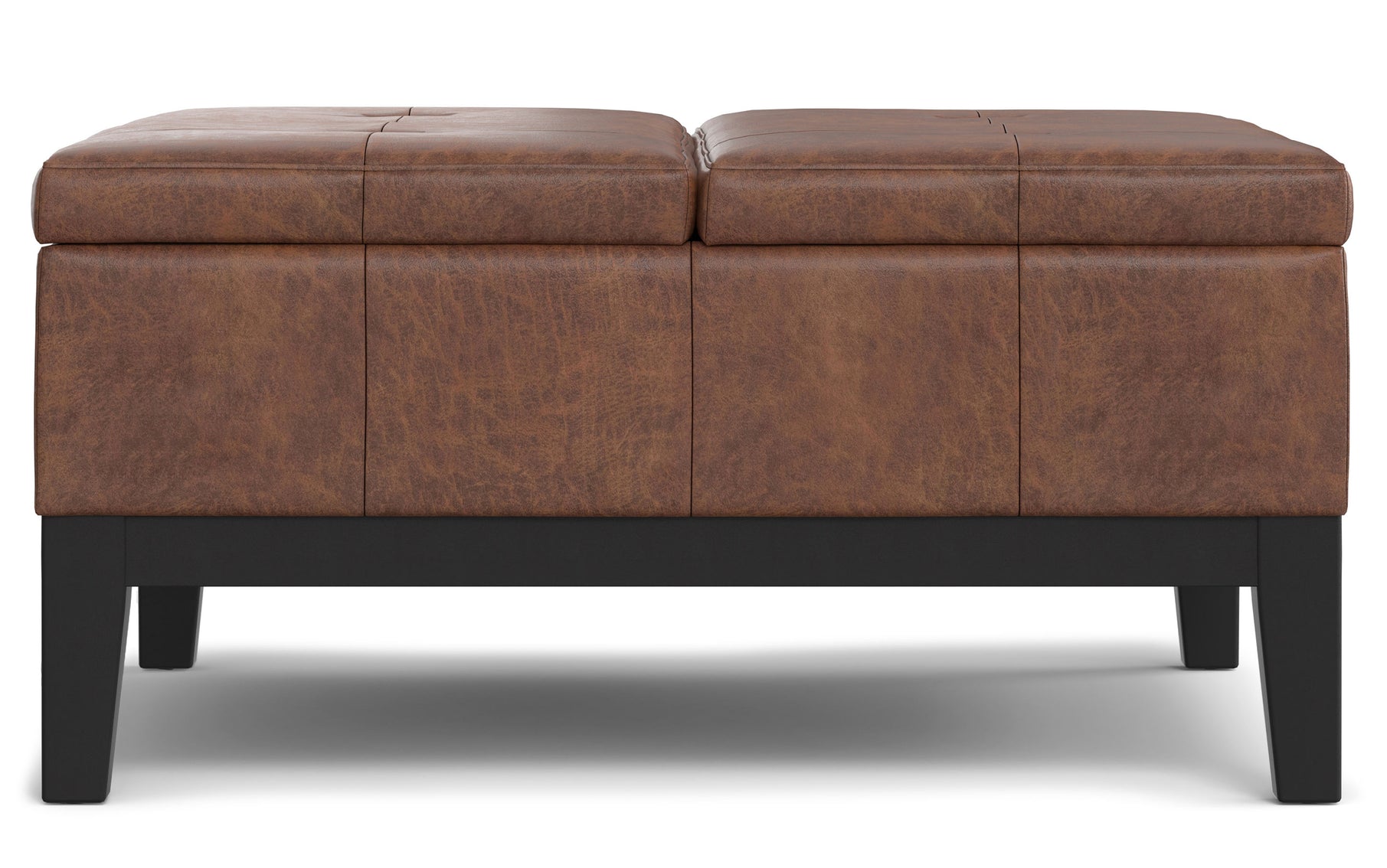 Distressed Saddle Brown Distressed Vegan Leather | Dover Lift Top Coffee Table Storage Ottoman