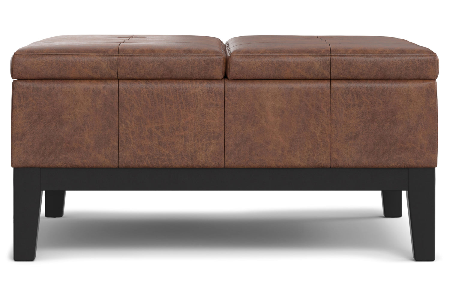 Distressed Saddle Brown Distressed Vegan Leather | Dover Lift Top Coffee Table Storage Ottoman