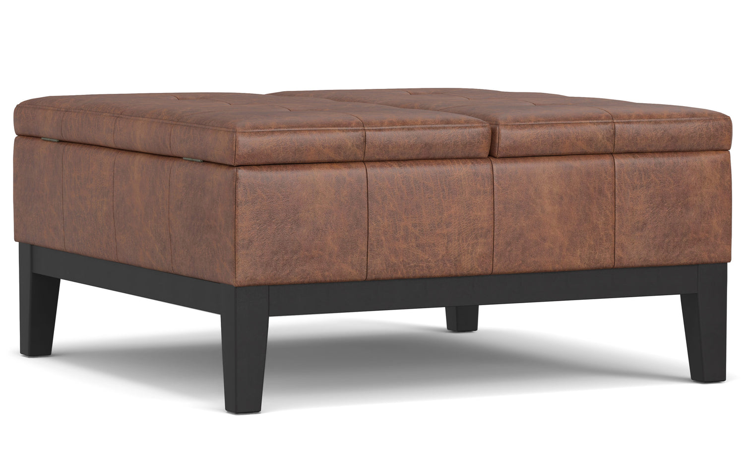 Distressed Saddle Brown Distressed Vegan Leather | Dover Lift Top Coffee Table Storage Ottoman