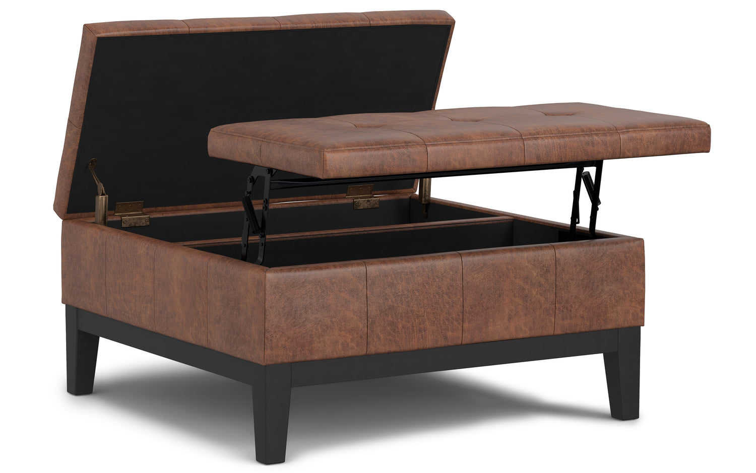 Distressed Saddle Brown Distressed Vegan Leather | Dover Lift Top Coffee Table Storage Ottoman