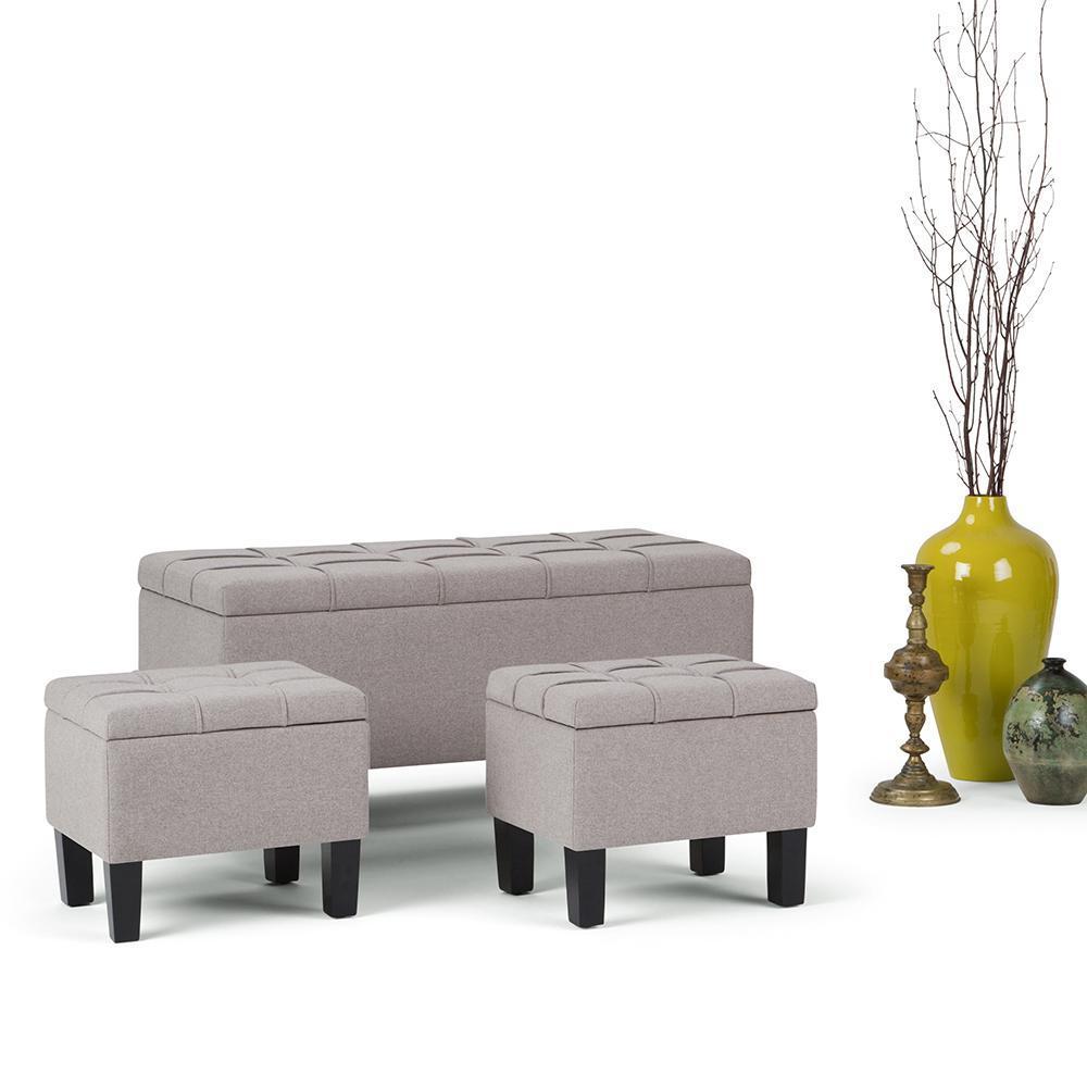 Cloud Grey Linen Style Fabric | Dover 3 piece Vegan Leather Storage Ottoman