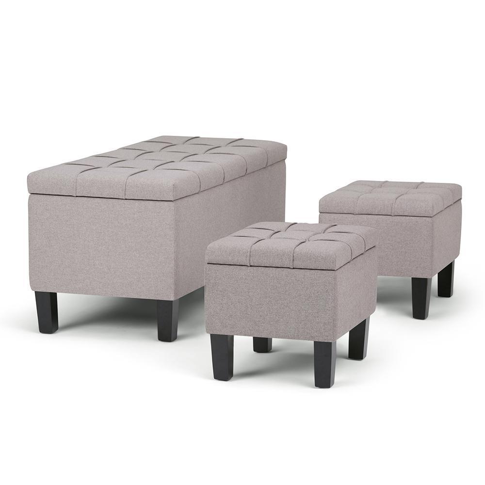 Cloud Grey Linen Style Fabric | Dover 3 piece Vegan Leather Storage Ottoman