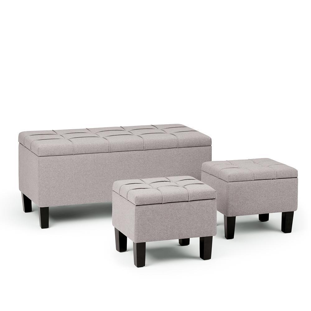 Cloud Grey Linen Style Fabric | Dover 3 piece Vegan Leather Storage Ottoman