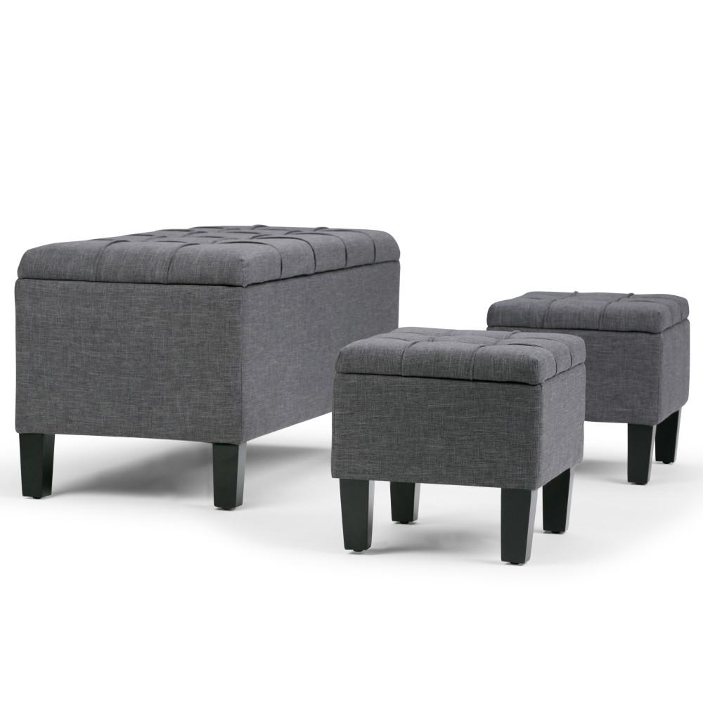 Slate Grey Linen Style Fabric | Dover 3 piece Vegan Leather Storage Ottoman