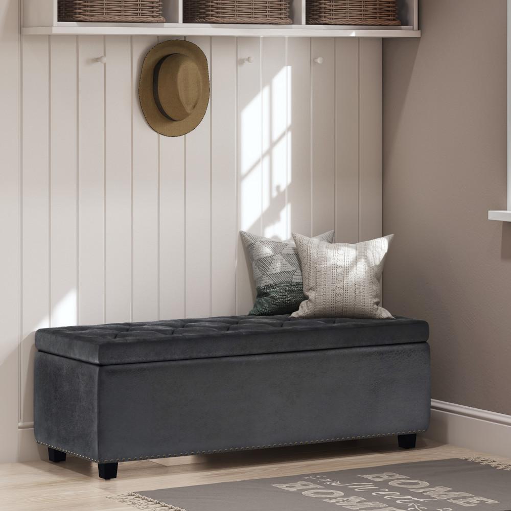 Distressed Black Distressed Vegan Leather | Hamilton Vegan Leather Storage Ottoman