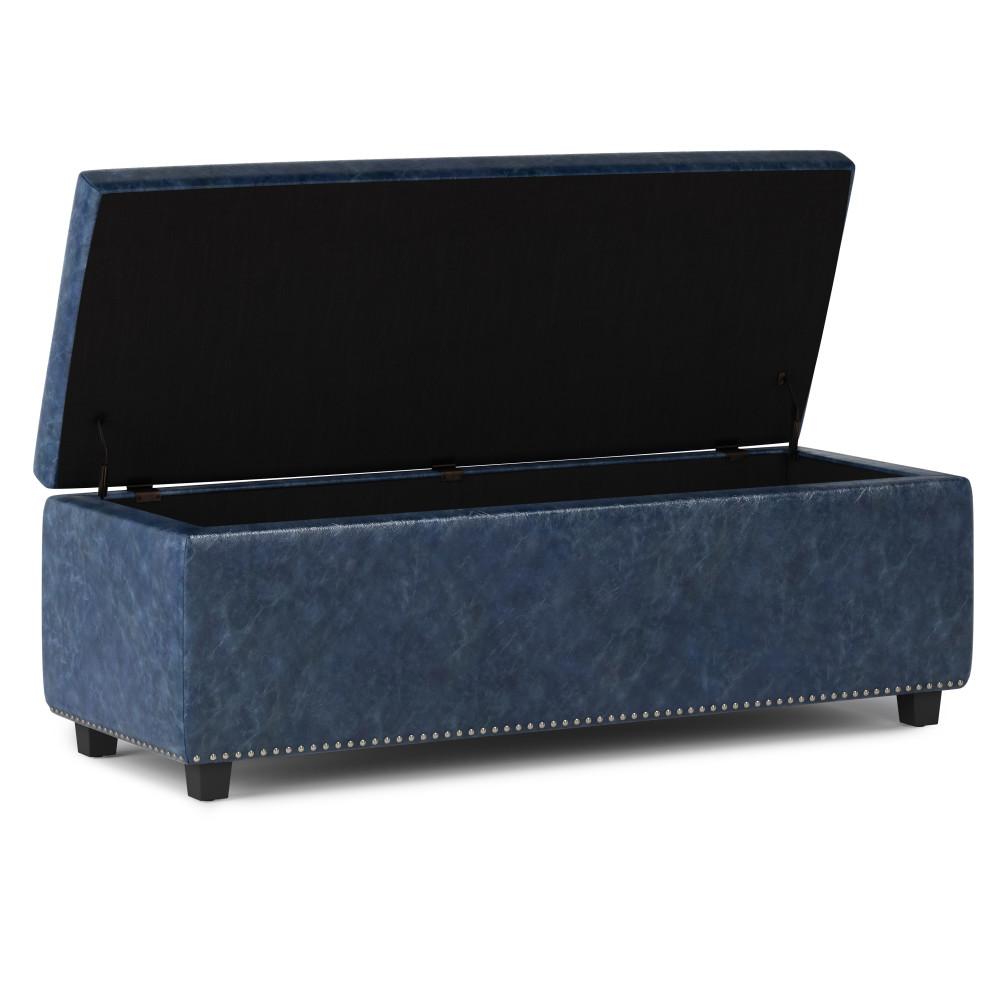 Denim Blue Vegan Leather | Hamilton Large Storage Ottoman Bench