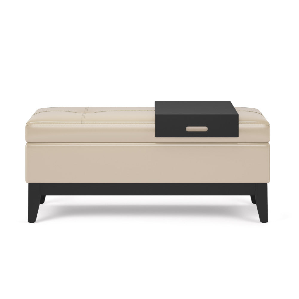 Satin Cream Vegan Leather | Oregon Vegan Leather Storage Ottoman with Tray