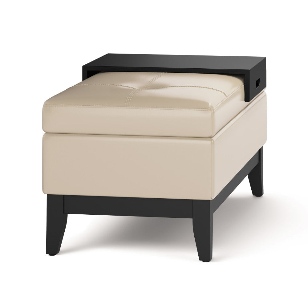 Satin Cream Vegan Leather | Oregon Vegan Leather Storage Ottoman with Tray