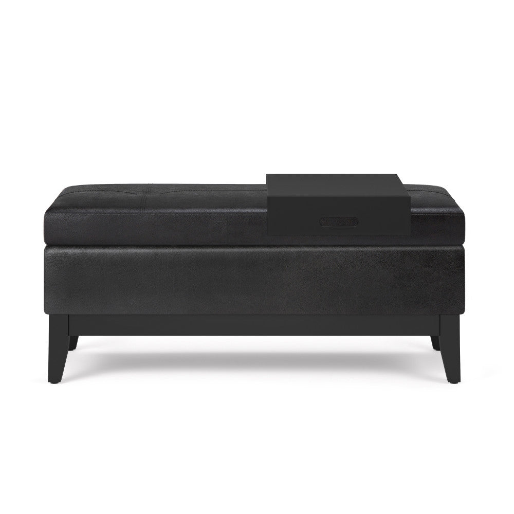 Distressed Black Distressed Vegan Leather | Oregon Storage Ottoman Bench with Tray in Distressed Vegan Leather