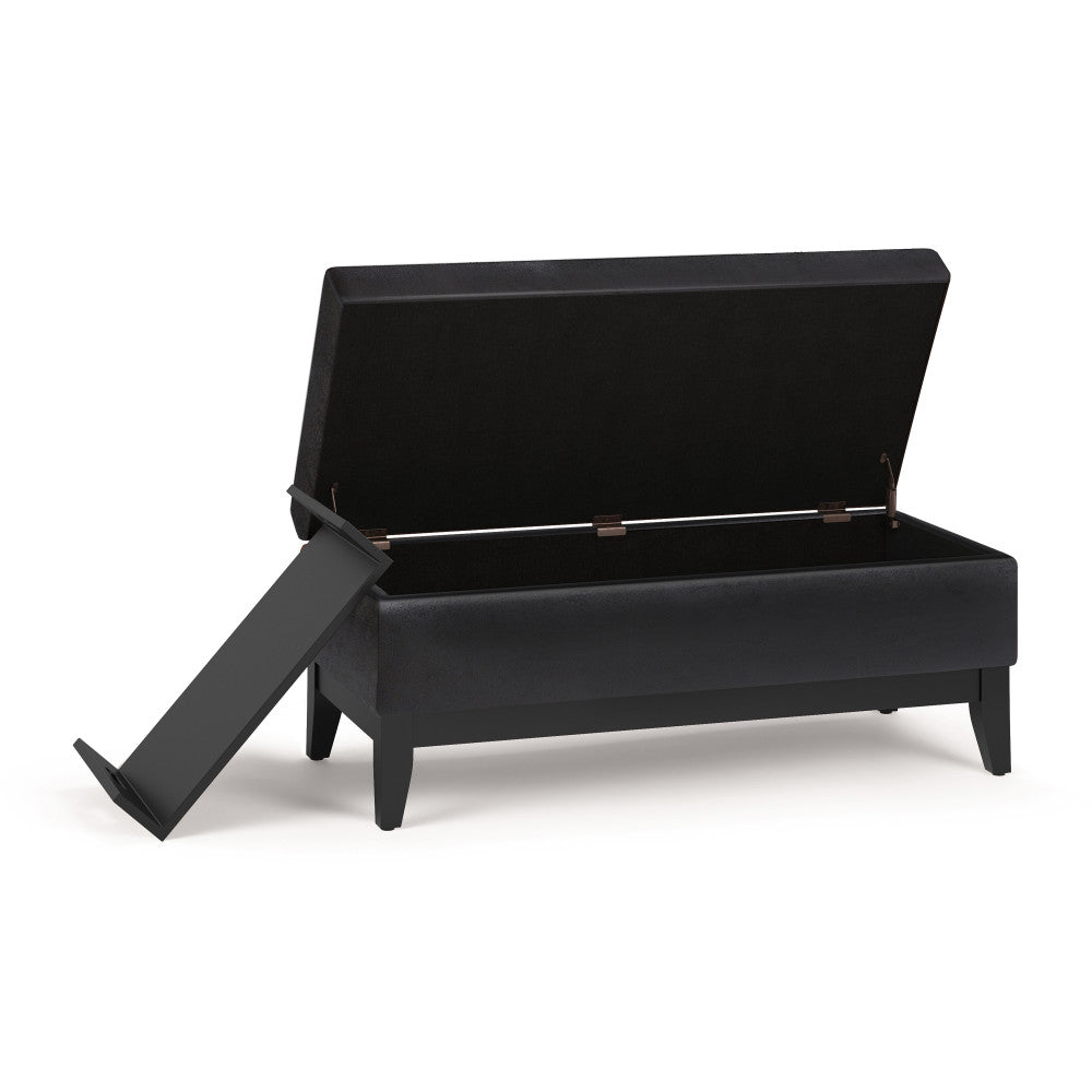 Distressed Black Distressed Vegan Leather | Oregon Storage Ottoman Bench with Tray in Distressed Vegan Leather