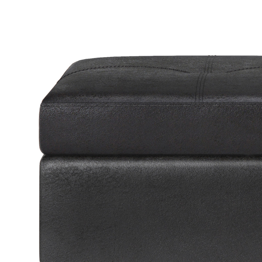 Distressed Black Distressed Vegan Leather | Oregon Storage Ottoman Bench with Tray in Distressed Vegan Leather