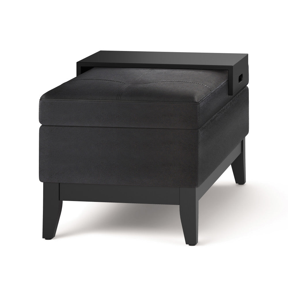 Distressed Black Distressed Vegan Leather | Oregon Storage Ottoman Bench with Tray in Distressed Vegan Leather