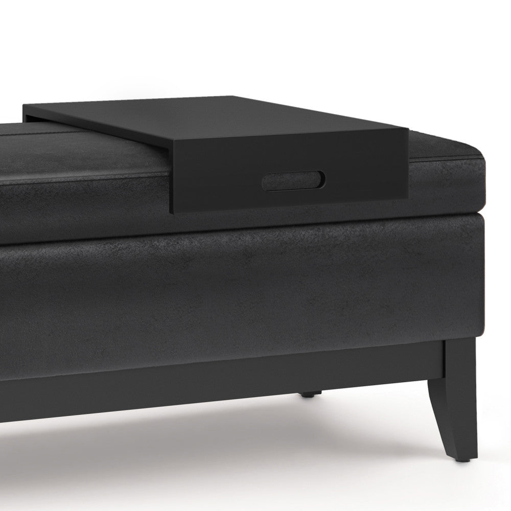 Distressed Black Distressed Vegan Leather | Oregon Storage Ottoman Bench with Tray in Distressed Vegan Leather