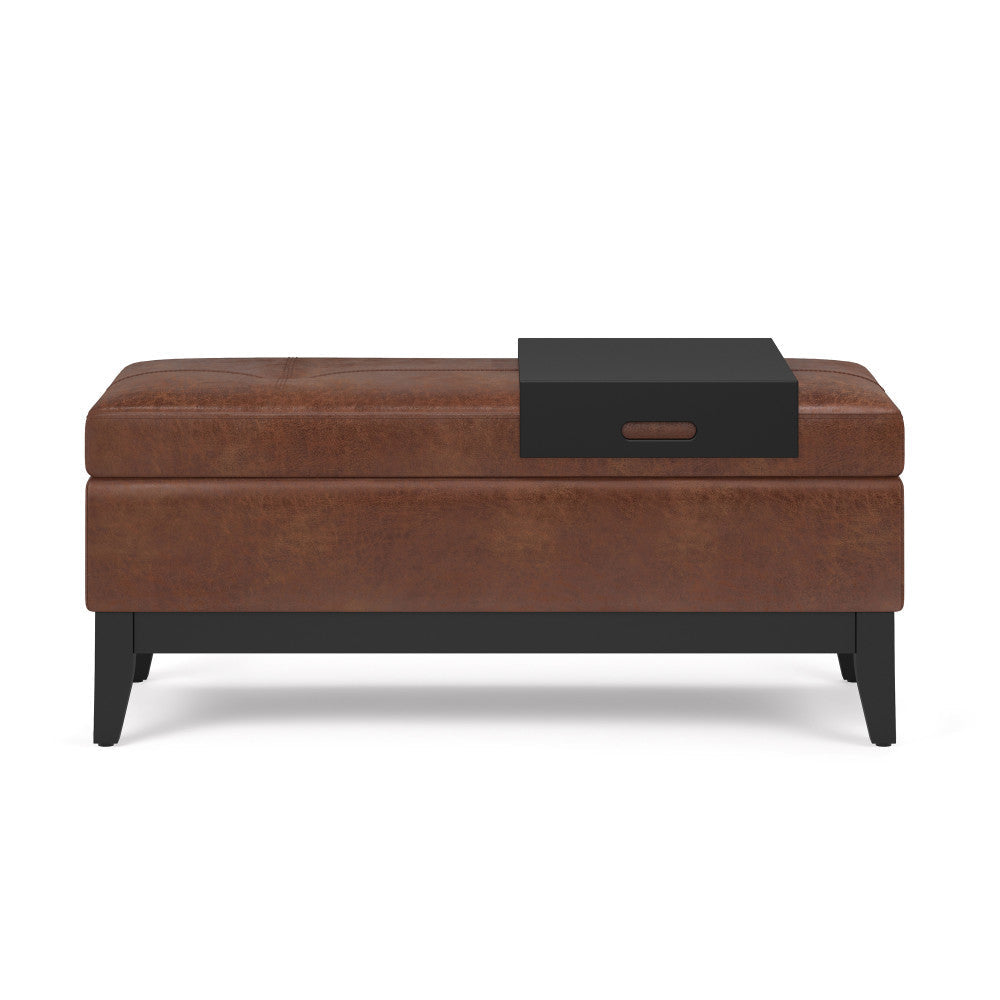 Distressed Saddle Brown Distressed Vegan Leather | Oregon Storage Ottoman Bench with Tray in Distressed Vegan Leather