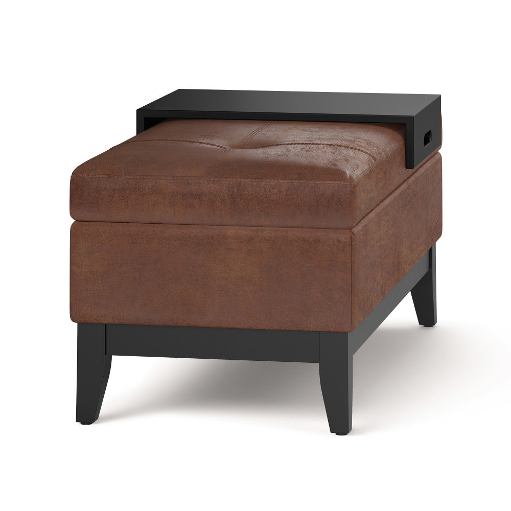 Distressed Saddle Brown Distressed Vegan Leather | Oregon Storage Ottoman Bench with Tray in Distressed Vegan Leather