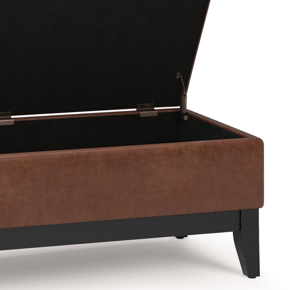 Distressed Saddle Brown Distressed Vegan Leather | Oregon Storage Ottoman Bench with Tray in Distressed Vegan Leather