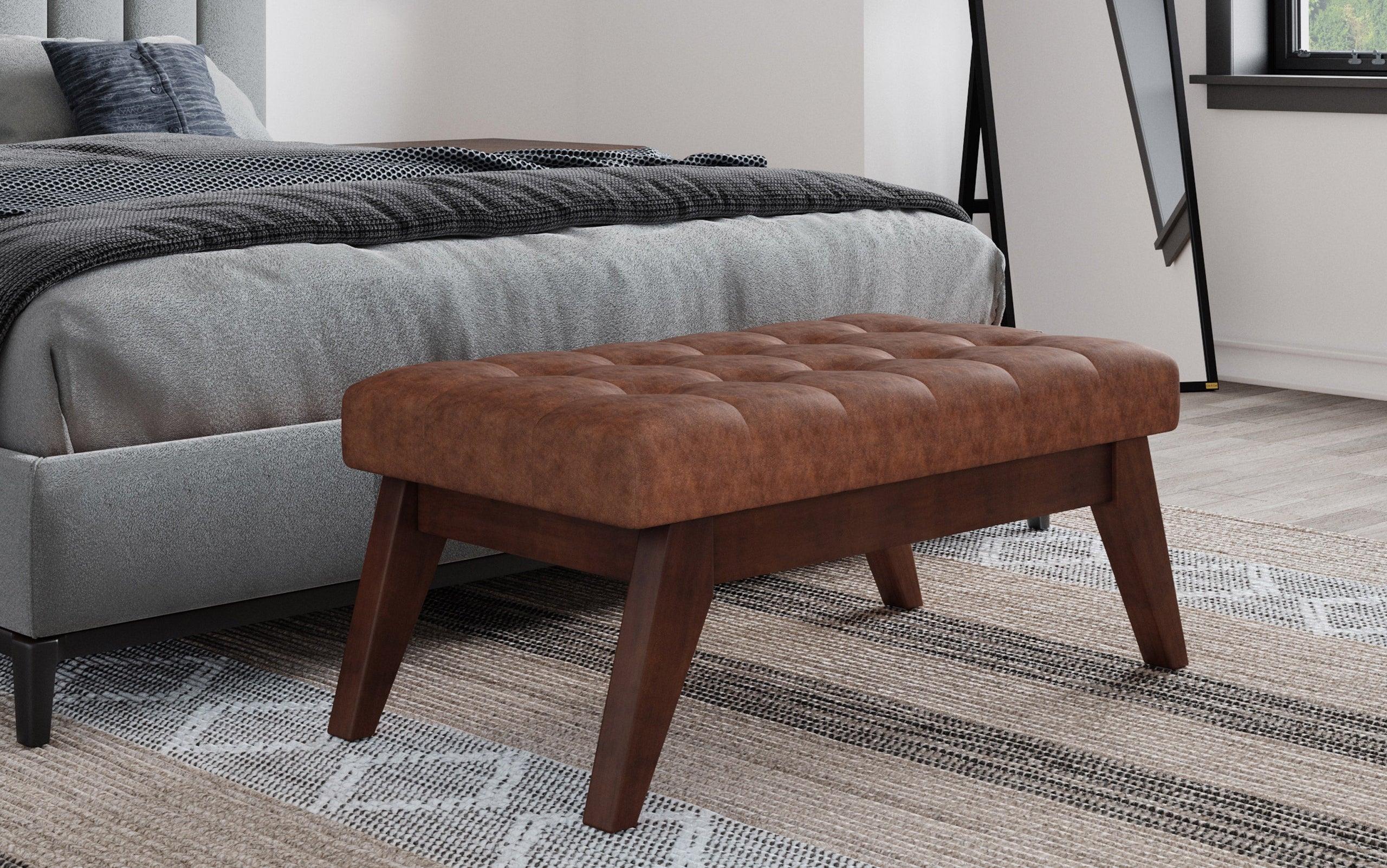 Distressed Saddle Brown Distressed Vegan Leather | Draper Ottoman Bench in Distressed Vegan Leather