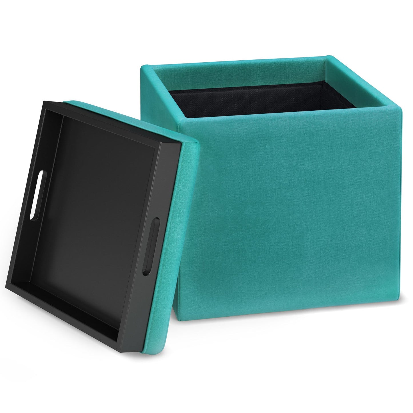 Aqua Blue Velvet Fabric | Rockwood Vegan Leather Cube Storage Ottoman with Tray