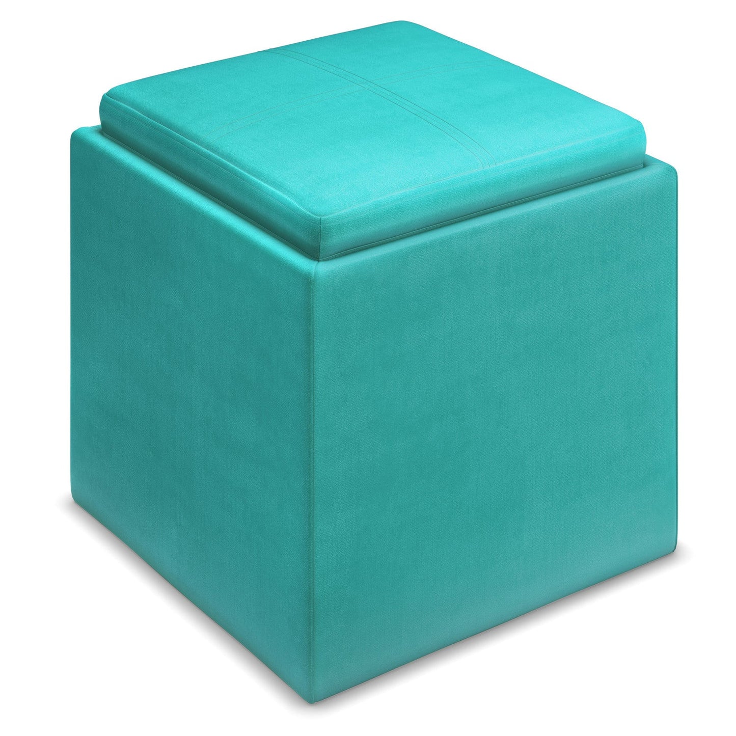 Aqua Blue Velvet Fabric | Rockwood Vegan Leather Cube Storage Ottoman with Tray