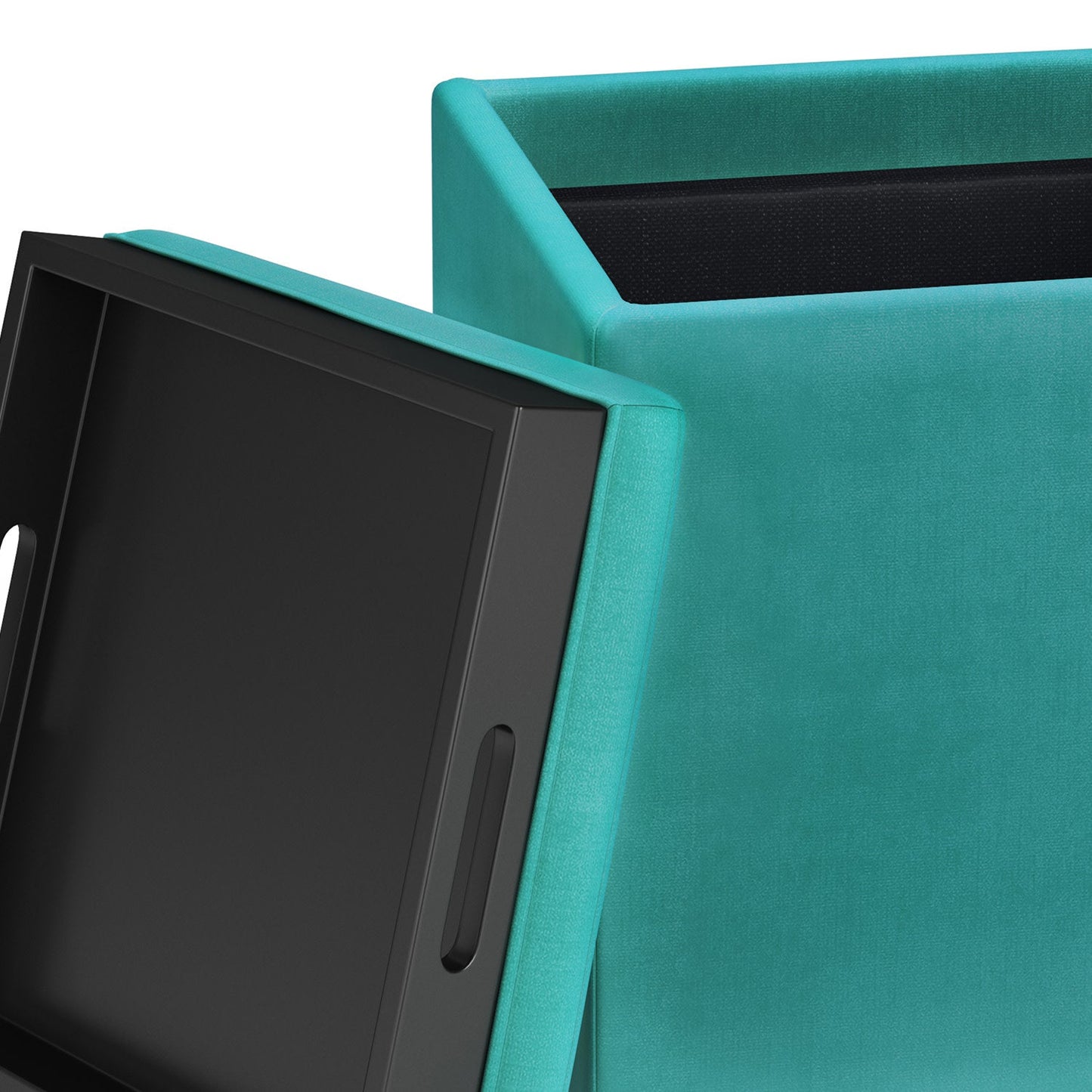 Aqua Blue Velvet Fabric | Rockwood Vegan Leather Cube Storage Ottoman with Tray