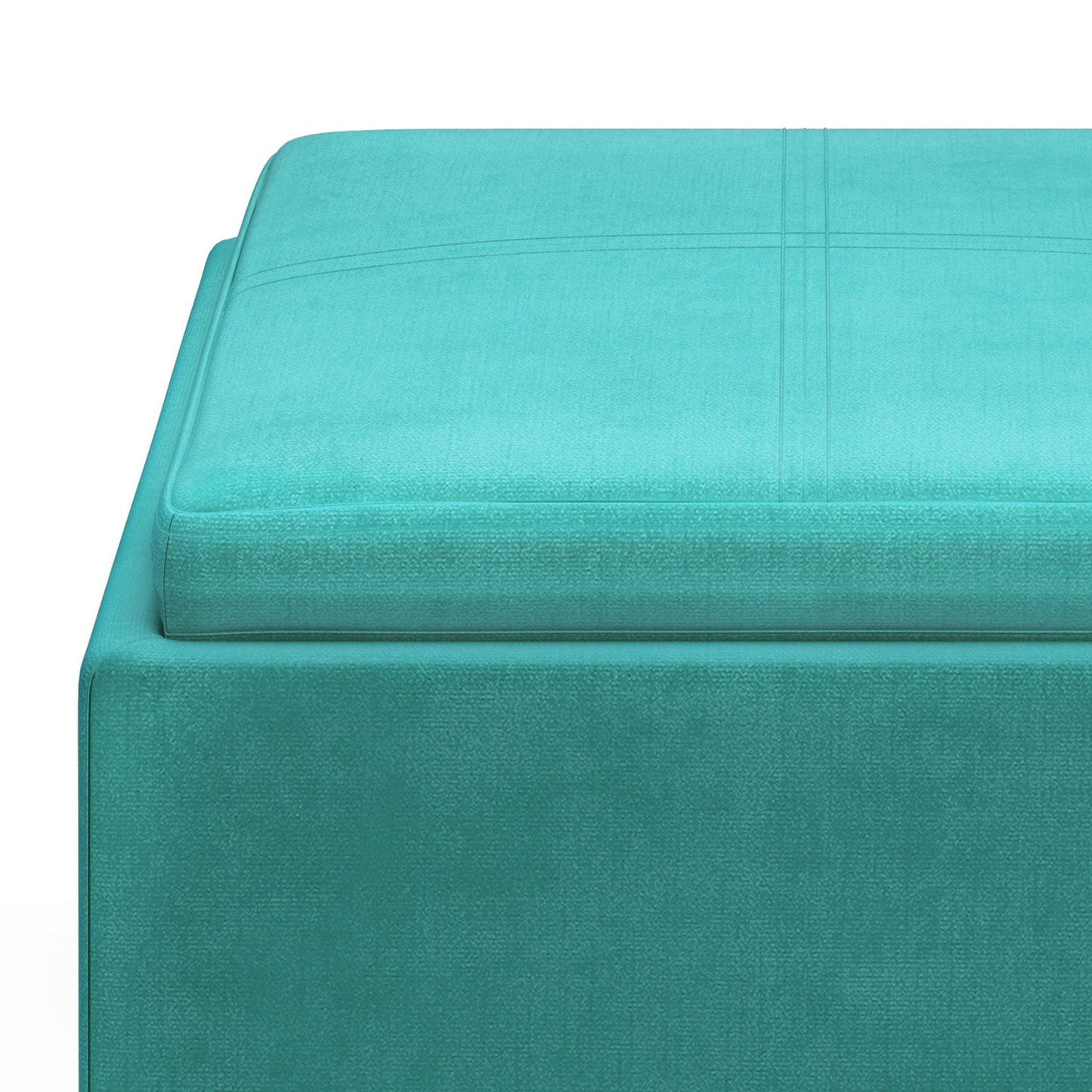 Aqua Blue Velvet Fabric | Rockwood Vegan Leather Cube Storage Ottoman with Tray