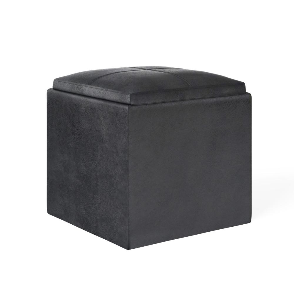 Distressed Black Distressed Vegan Leather | Rockwood Vegan Leather Cube Storage Ottoman with Tray