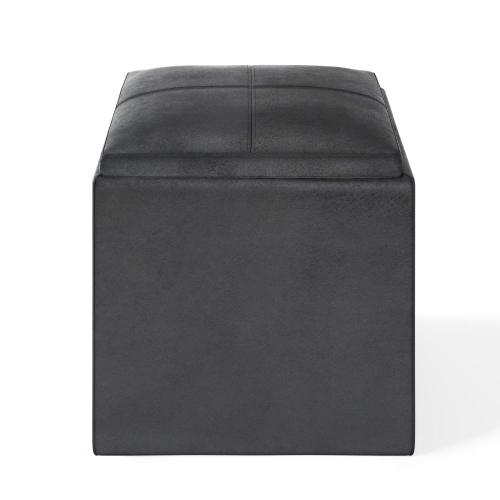 Distressed Black Distressed Vegan Leather | Rockwood Vegan Leather Cube Storage Ottoman with Tray