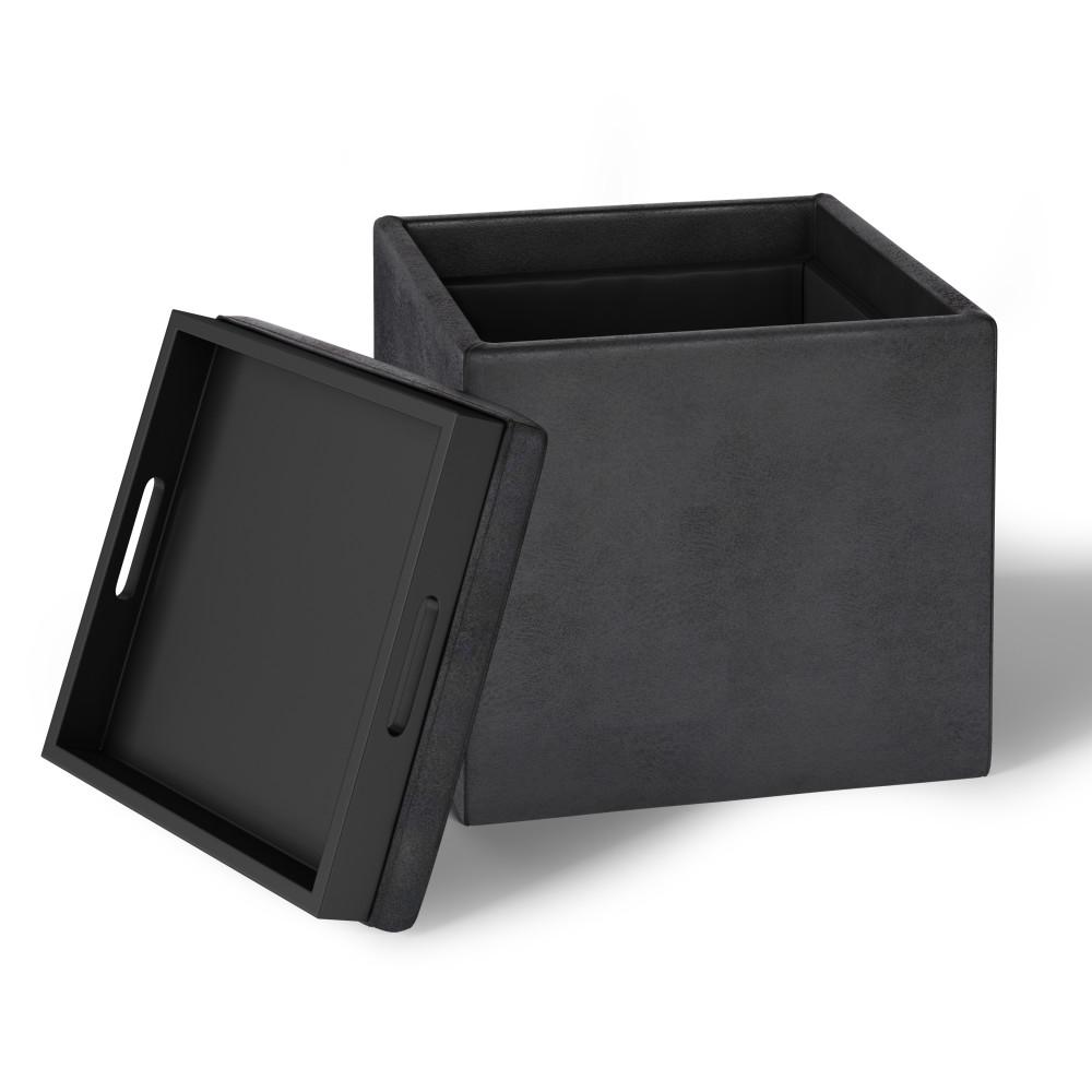 Distressed Black Distressed Vegan Leather | Rockwood Vegan Leather Cube Storage Ottoman with Tray