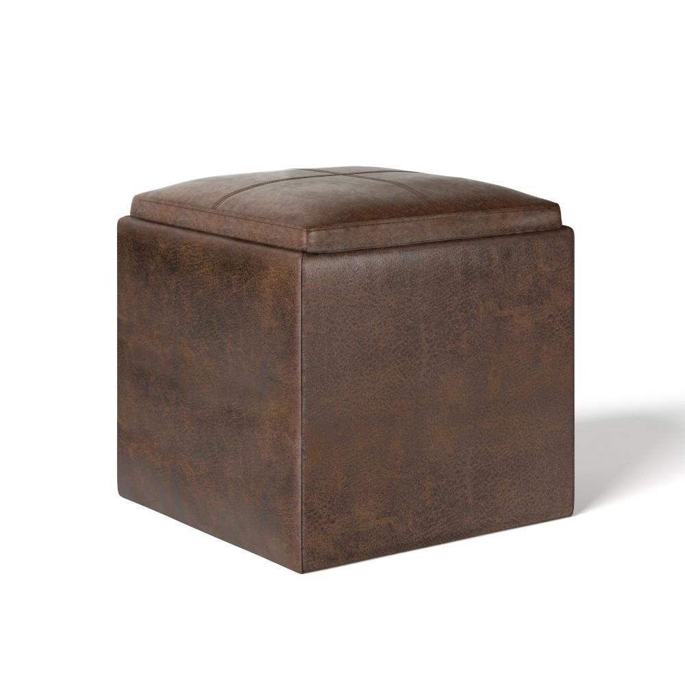 Distressed Chestnut Brown Distressed Vegan Leather | Rockwood Vegan Leather Cube Storage Ottoman with Tray